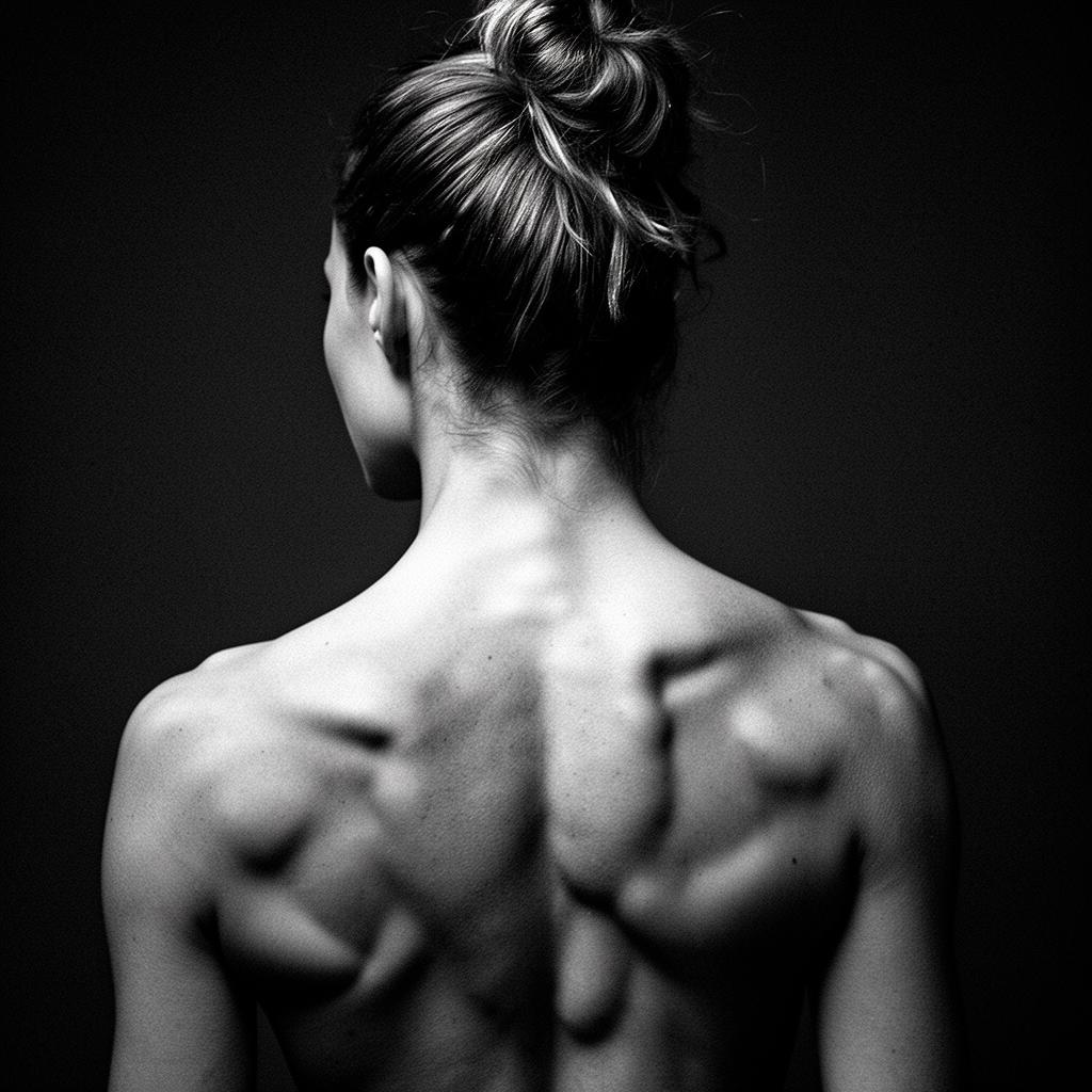 Editorial black-and-white photograph of a lean athlete's back